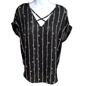 Women's Worthington Black/Beige Bamboo Reeds Short Sleeve Blouse Top - XS